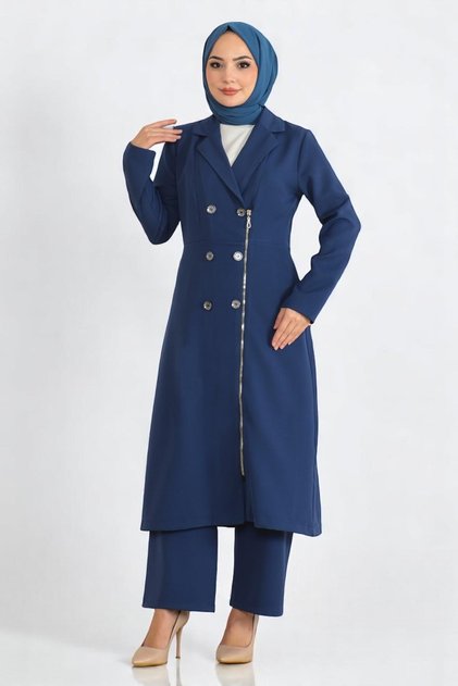 Button Detailed Zippered Suit Indigo 19219