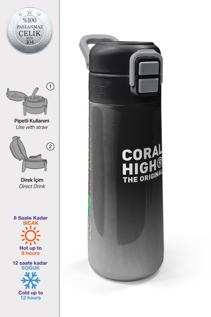 Kids Siyah Gri Gamer Desenli Pipetli ve Direkt İçim Çelik Termos 500 ml 31853
