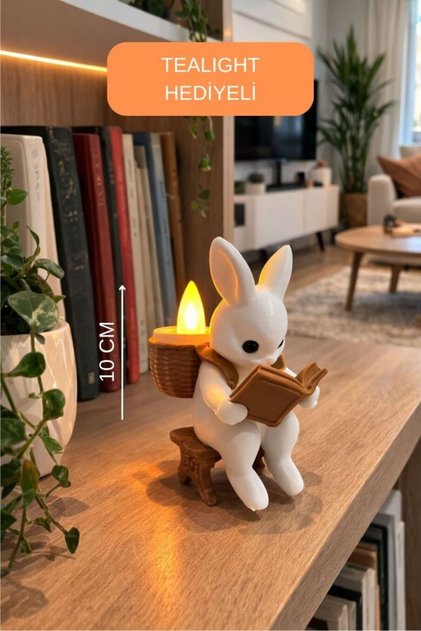 Kitap Okuyan Tavşan LED Mumluk – Dekoratif Kitaplık, Salon ve Masa Üstü Biblo