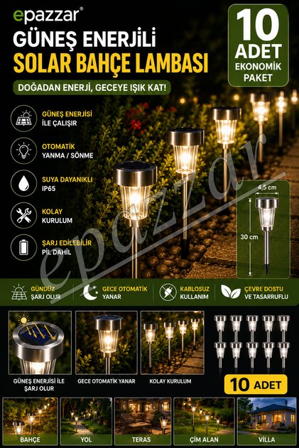 10 Adet Solar Bahçe Lambası Aydınlatma – Güneş Enerjili Solar Bahçe Mekan Aydınlatma Led Işık