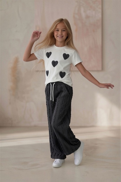 Gray Heart Embroidered Cotton T-Shirt and Ruffle Detailed Pants Set