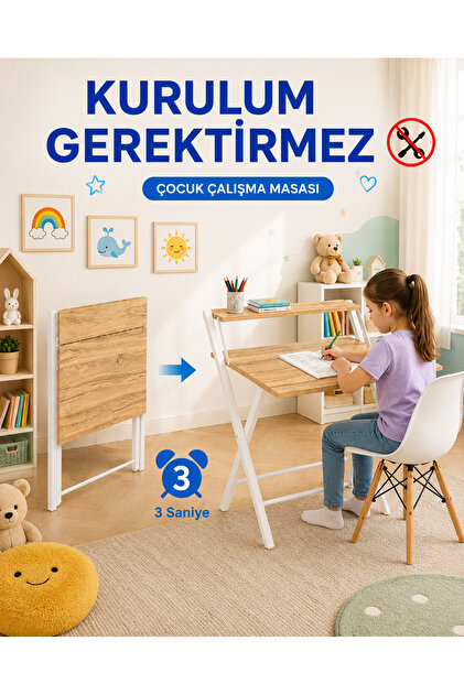 Metal Ayaklı Laptop Masası Katlanır Çalışma Masası Raflı Masa Katlanır Laptop Sehpası Dobo Beyaz Çam