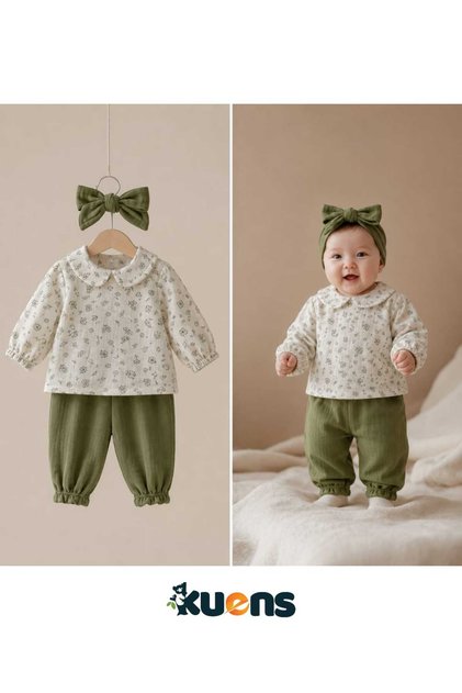 KuensKids Kız Bebek 2'li Müslin Takım Bandana ve Çıtçıt Detaylı Yeşil Renk %100 Pamuk