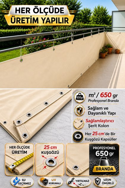 Krem Renkli Balkon Brandası - 650 gr PVC Polyester - Kuşgözlü ve Kolon Takviyeli Balkon Demiri Brandası