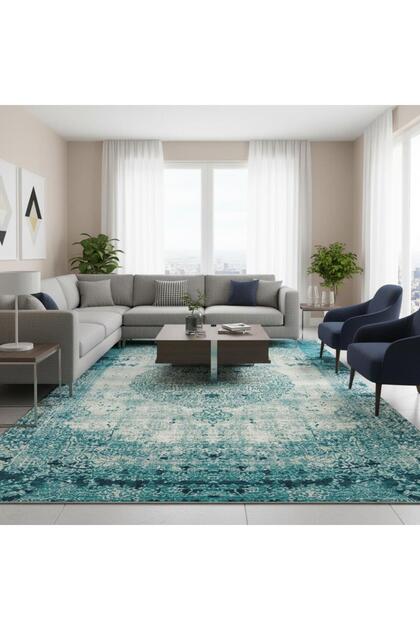 Turkuaz Eskitme Halı Dijital Baskılı Modern Kaymaz Tabanlı Yıkanabilir Leke Tutmaz