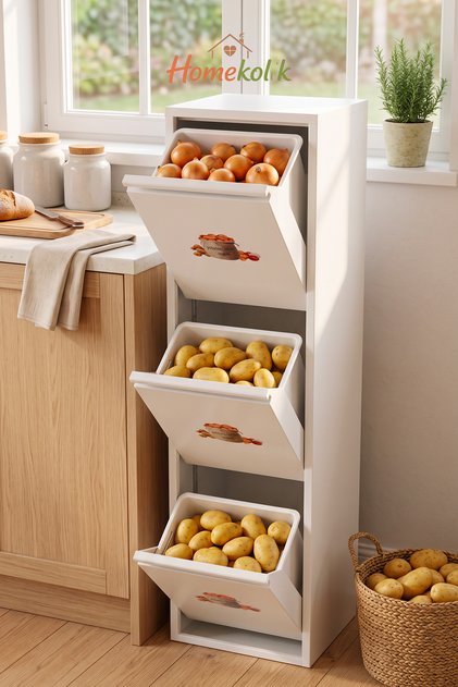 Leyl 3 Katlı 3 Bölmeli Beyaz Baskılı Metal Sebzelik – 143 x 26 x 34 cm Çok Amaçlı Dolap