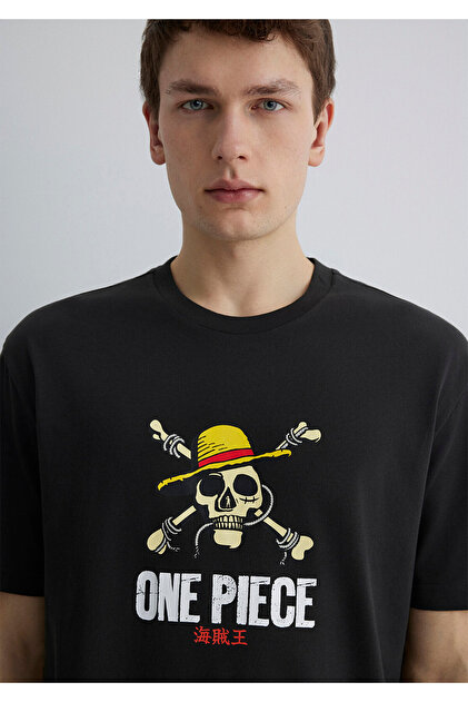 Mavi One Piece Baskılı Antrasit Tişört Loose Fit / Bol Rahat Kesim