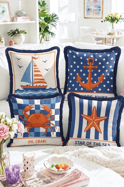 Sea-Themed Sailboat Anchor, Crab and Starfish Patterned 4-Piece Fringed-Tasseled Throw Pillow Cover Set