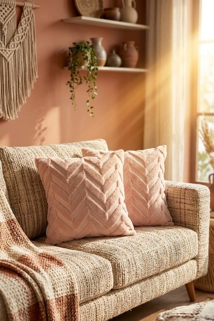 Soft Embossed Textured 2-Piece Throw Pillow Cover Bohemian Punch Punch Sofa Cushion Cover, Throw Pillow Cover Dusty Rose Color