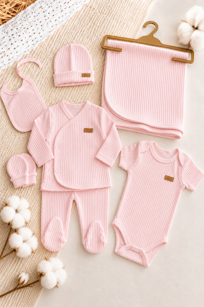 Baby Girl and Boy Organic 7-Piece Hospital Discharge Set Including Blanket Cotton Corded Fabric 50-56 cm 0-3 months