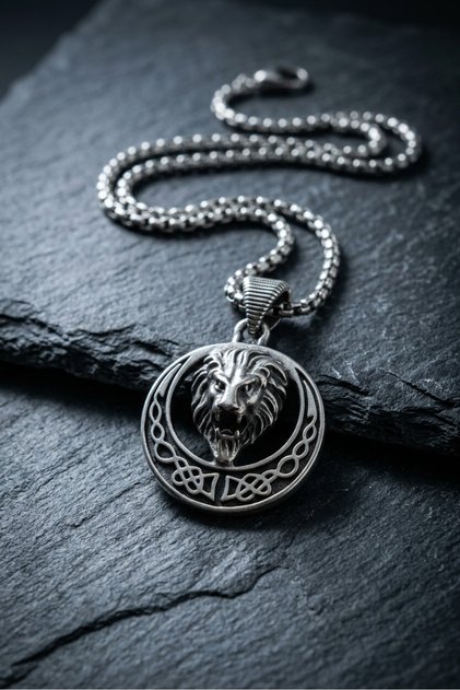 Handcrafted Stainless Steel Chain Men's Necklace with Lion Figure