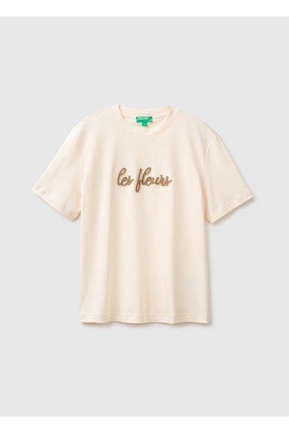 Women's cream 100% cotton embroidered short sleeve t-shirt