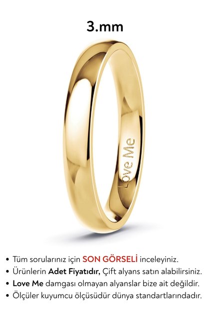 Love Me Marka 3mm Parlak Altın Renk Kararmaz Klasik İnce Bombeli Çelik Alyans Yüzük Lm-332/G