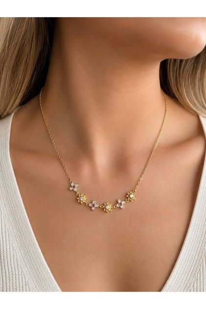 Gold Color Pink Stone Flower Patterned Zircon Women's Necklace