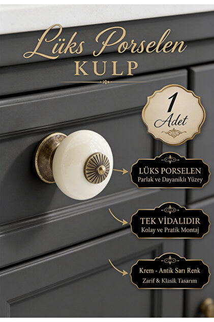 (1 Adet) Harmony Porselen Antik Sarı Metal Taban Kulp Mobilya Gardrop Dolab Kapak Kulpu Çekmece Kulb