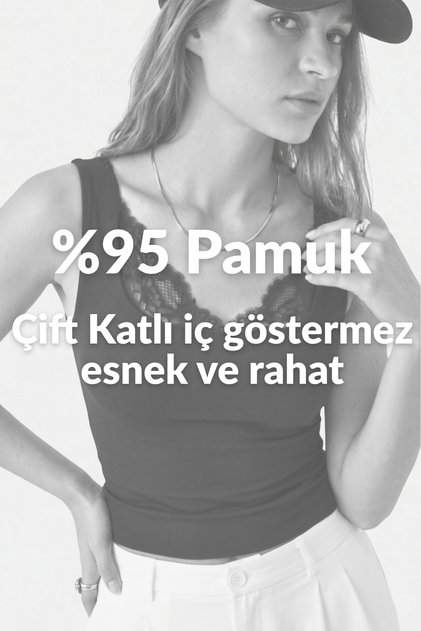 Kare Yaka Dantel Detaylı %95 Pamuk Bluz - Beyaz 4