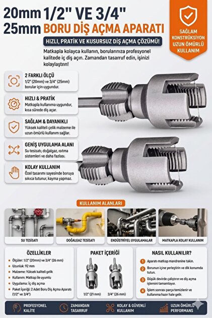 BarkoFix 2' li Set İç Dış Plastik Boru Diş Açma Seti 1/2 ve 3/4