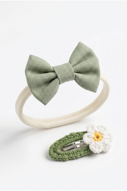 Baby Girl Bow Hair Band and Knitted Hair Clip Set Green