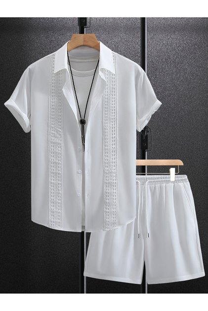 Men White Lace Detail Short Sleeveshirt and Shorts Co-Ords