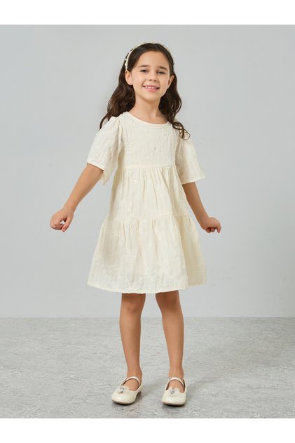 Girls Embroidered Puff Sleeve Tiered Dress