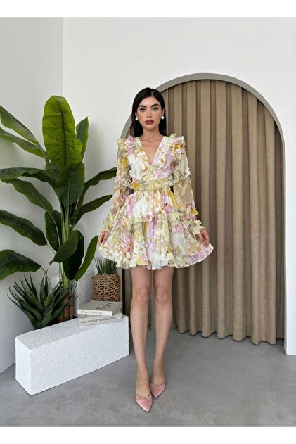 Kadın Şifon Çiçek Desenli Mini Elbise Kod 00411 F3