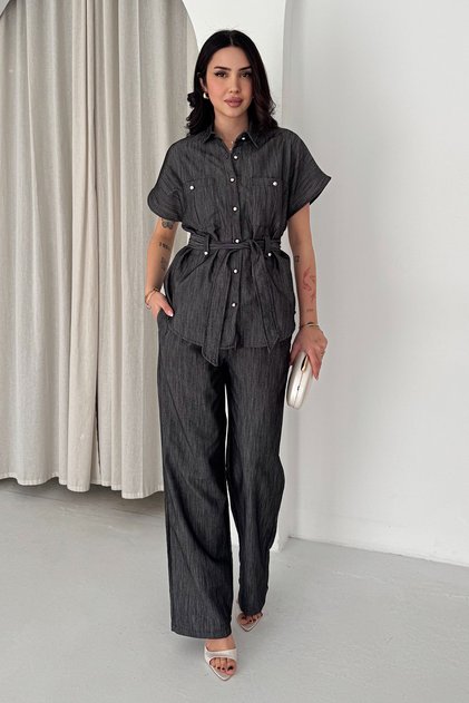 Women's Belted Shirt and Trouser Set – Buttoned Comfortable Fit Two-Piece Set 2802