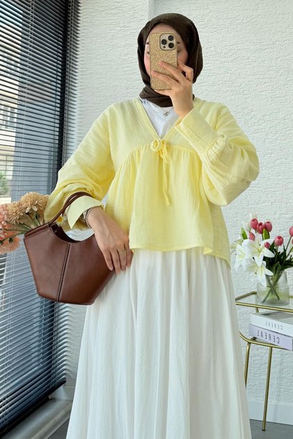 V-Neck Waist Gathered Muslin Blouse – Yellow