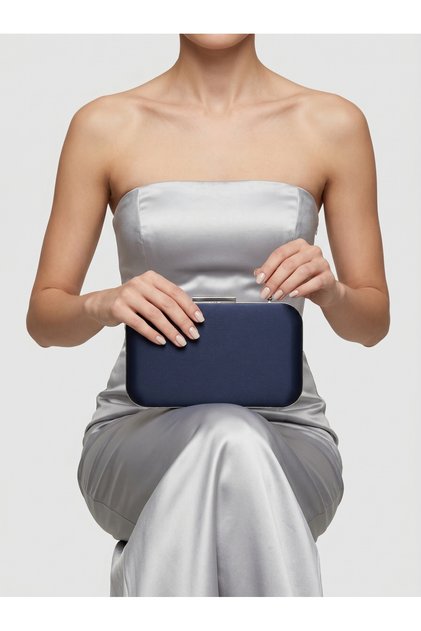 Navy Blue Color Z.A.R.A. Satin Crystal Stone Embroidered Chain Women's Evening Dress Bag Wedding Engagement Graduation