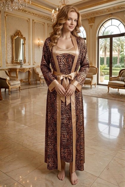 Satin Nightgown and Robe Set - Leopard Pattern Luxury 2-Piece Set - S/M & L/Xl
