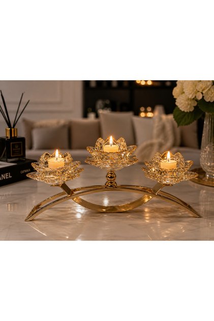 3 Kollu Kristal Cam Köprü Gold Renk Şamdan (40cm uzunluk / 17cm yükseklik)