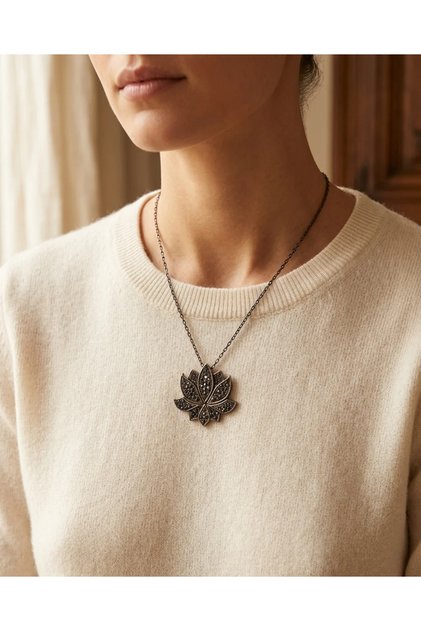 Bronze Vintage Long Chain Women's Necklace Authentic Jewelry Margazite Worked Lotus Model Medallion