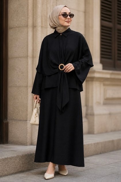 Black Cape Shirt and Skirt Combination Set
