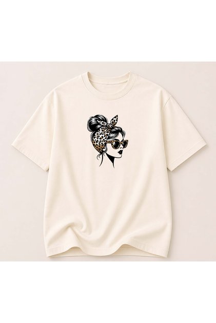 Women's Crew Neck Cotton T-Shirt with Female Figure Print Detail