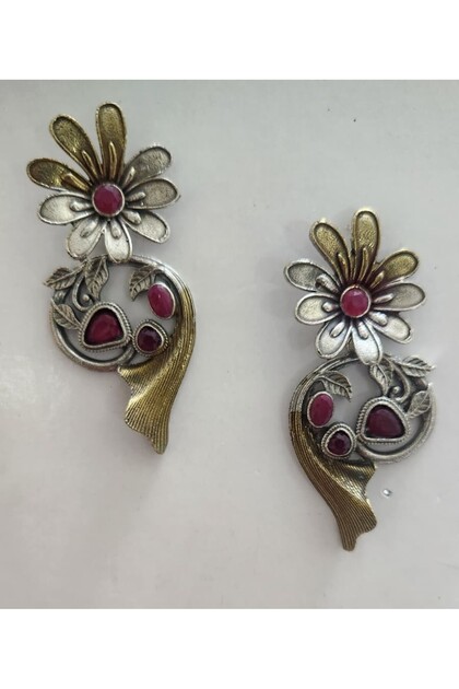 Vintage-Style Dual-Tone Floral Drop Earrings with Ruby Green/Pink Stones