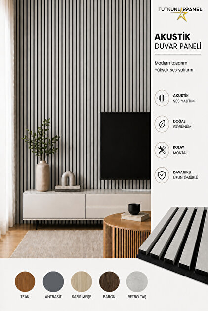 Akustik Duvar Paneli Çıtalı MDF Ahşap Ses Yalıtımlı Dekoratif Duvar Kaplama Slat Wall Panel Keçeli TV Arkası Dekor Kaplama 100x280 cm Açık Taş Retro Taş