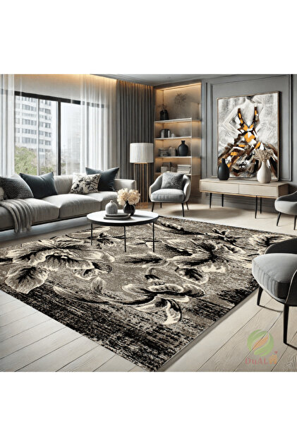 Covor floral Friesă Gri Multimac, 100x200 cm, dreptunghiular, Gri