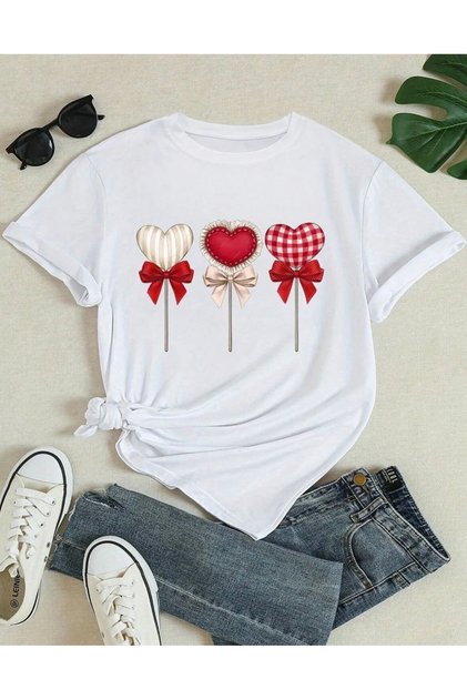 New Season Heart Sugar Printed 100% Cotton Oversize Girls' T-Shirt