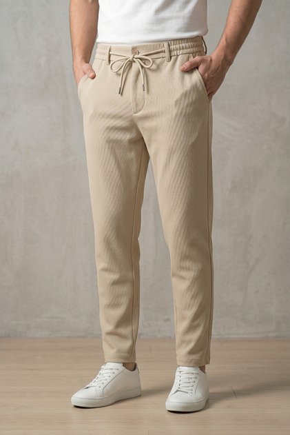 Men's Cream Textured Slim Fit Jogger Pants with Drawstring and Elastic Waist for Casual Wear