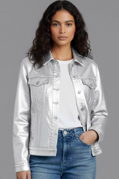 Uzun Kollu Yakalı Metal Düğme Kapamalı Rahat Kesim Likralı Esnek Dört Cepli Denim Jean Kot Ceket