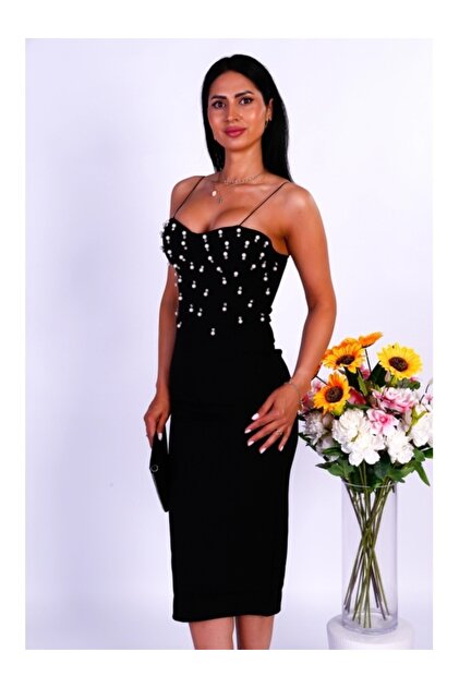 VERO Elegant black midi dress with rhinestones – suitable for events-  Trendyol
