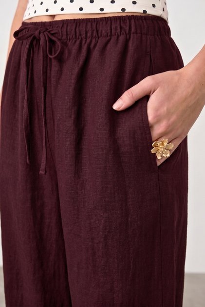 Keten Karışımlı Bol Kesim Pantolon - Koyu Bordo 3