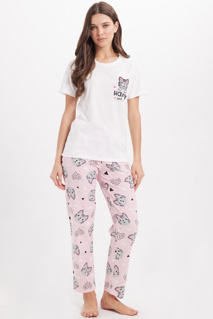 Kadın Regular Fit Klasik Kesim Pamuklu Bisiklet Yaka Kısa Kollu Baskılı Beyaz Pijama Takımı
