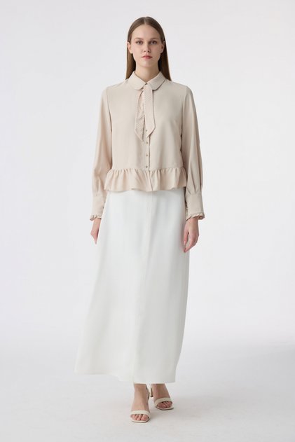 Scarf and Buttoned Flounce Beige Shirt 0122