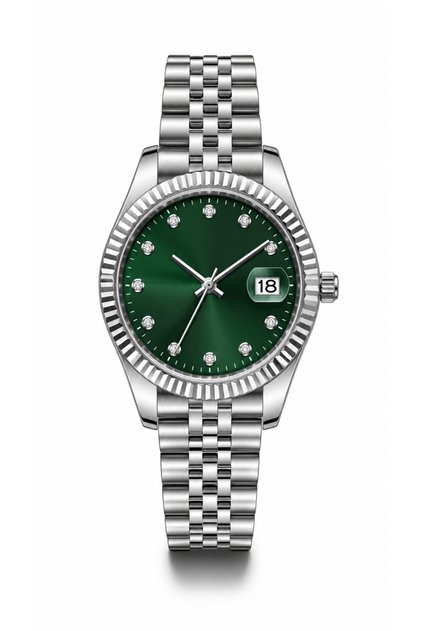 Women's Silver Color Stone Detailed Steel Band Calendar Wristwatch