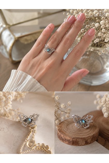 Labradorite Natural Stone Adjustable Butterfly Ring