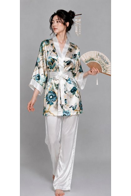 Patterned Satin Kimono Set with Lace Detail, 3-Piece Women's Pajama Set 1989