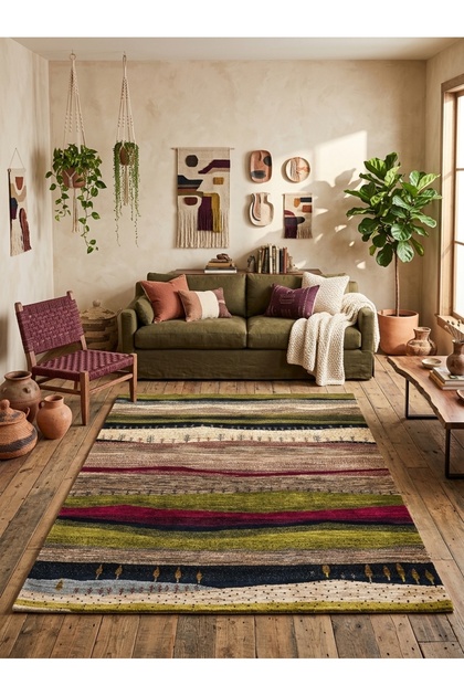 Sdt Abstract Landscape Patterned Green and Maroon Earth Toned Scandinavian Woven Base Decorative Carpet Sdt1367