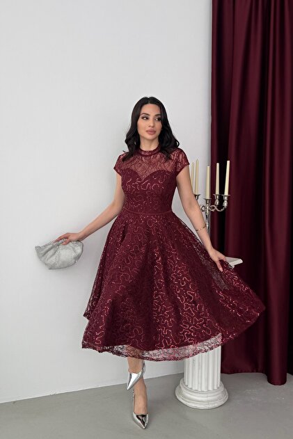 Burgundy Shoulder Detailed Lace Embroidered Sequined Midi Evening Dress