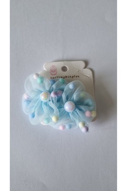 Set of 2 Pastel Yellow Tulle Flower Children's Hair Clips - Girls' Clip-On Hair Clips with Pearls and Colorful Pom-Poms