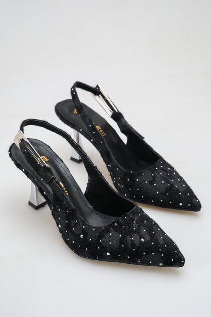 050 Women's Leopard Textured Stone Detailed Slingback Stiletto Metallic Heeled Shoes for Evening Dresses and Special Occasion Elegance